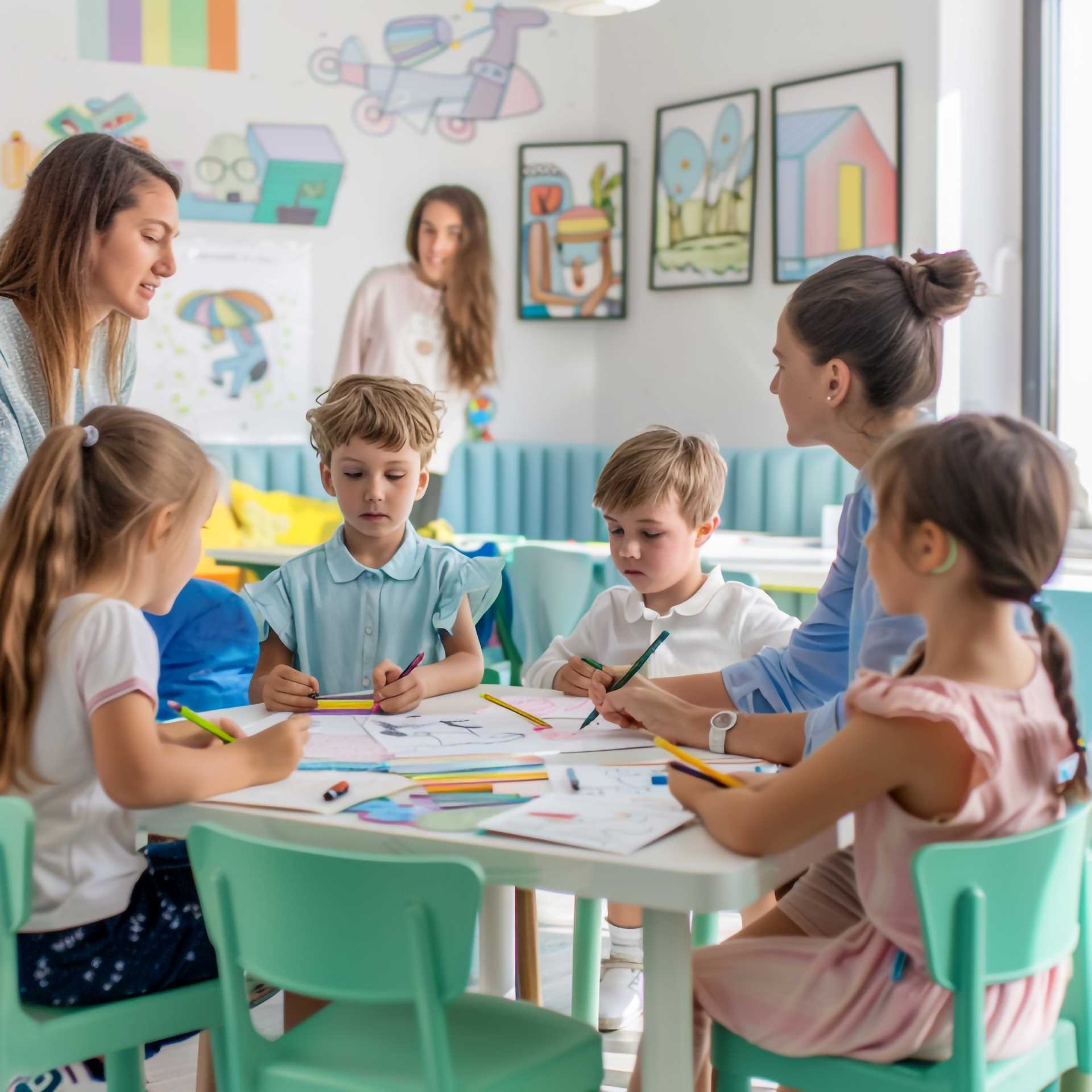 Niños dibujando en aula matinal.
